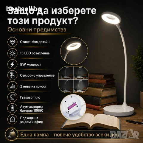 Стилна и мощна акумулаторна настолна нощна лампа с LED осветление мощност 9W три режима на сила на с, снимка 4 - Настолни лампи - 29096704