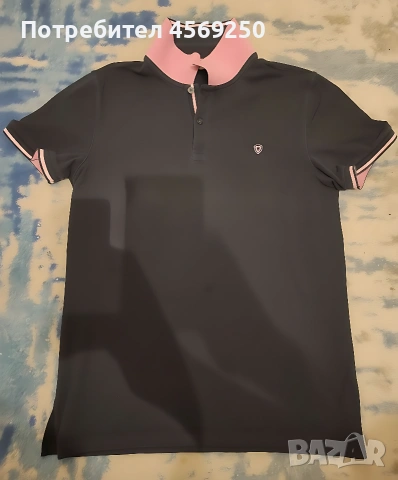 Маркова мъжка поло тениска с розова яка | Slim Fit | Размер M | Тъмносиня 