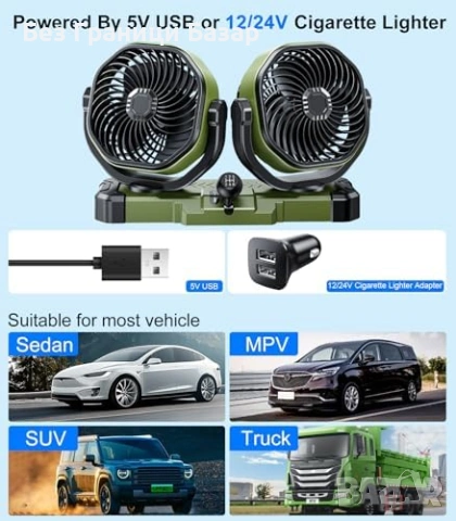 Нов Универсален Двоен Вентилатор За Автомобил SUV Камион RV USB 12V 24V За Табло 2 скорости, снимка 4 - Друга електроника - 54347422