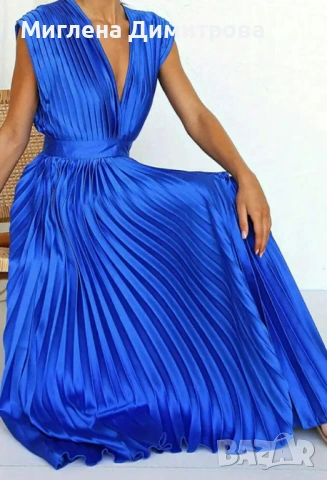 Елегантна сатенена плисирана рокля в кралско синьо, снимка 2 - Рокли - 53978291