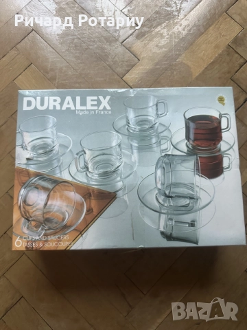 Duralex Made in France – комплект 6 чаши + 6 чинийки, нов, неизползван, в оригинална кутия