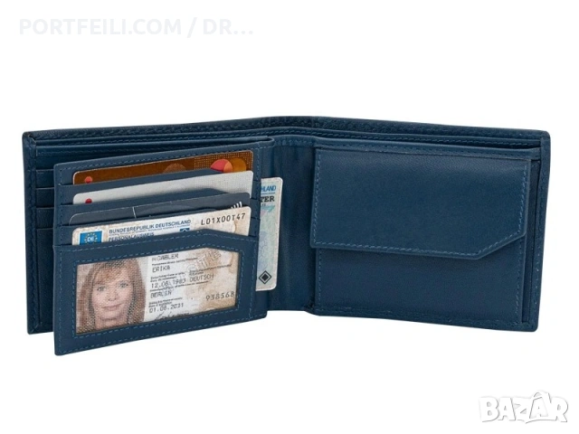 Син портфейл Friedrich от мека козя кожа с RFID NFC защита, снимка 5 - Портфейли, портмонета - 54318449