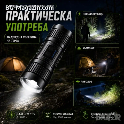 Мощен ръчен фенер прожектор LED лазерен диод презареждащ се USB Power Bank за лов риболов къмпинг, снимка 6 - Къмпинг осветление - 51017212