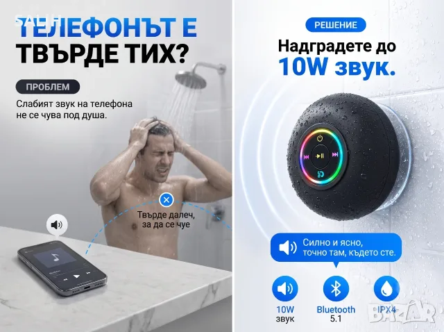 10W Bluetooth колонка за баня с вакуум, RGB светлини, Hifi Bass стерео звук, снимка 2 - Bluetooth тонколони - 55406337
