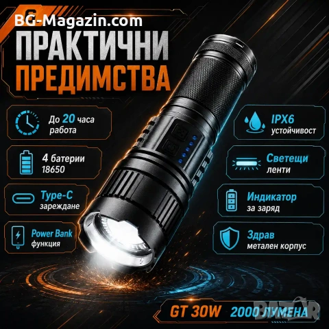 Мощен ръчен фенер прожектор LED лазерен диод презареждащ се USB Power Bank за лов риболов къмпинг, снимка 3 - Къмпинг осветление - 51017212