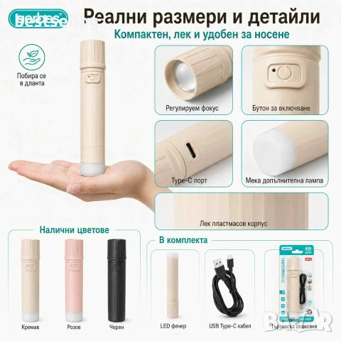 Акумулаторно LED фенерче Aerbes 260 лумена USB Type-C 800mAh с COB лампа и фокус, снимка 7 - Къмпинг осветление - 55154530