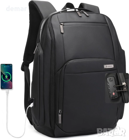 Раница за лаптоп за пътуване, водоустойчива 15,6-инчова с USB порт за зареждане, черна