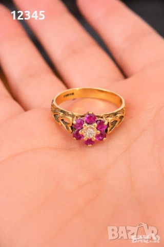 Старинен златен пръстен с диамант и рубини, снимка 2 - Пръстени - 54075674