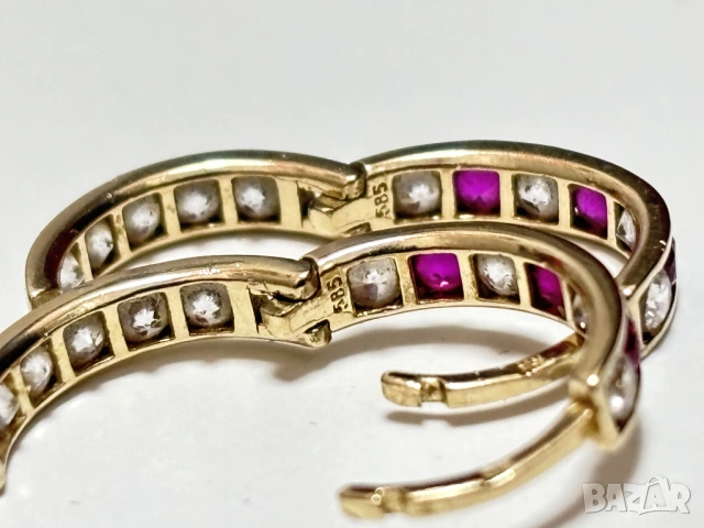 Златни Обеци 1,85 грама 14K(проба 585) с бели и розови циркони, снимка 8 - Обеци - 54939763