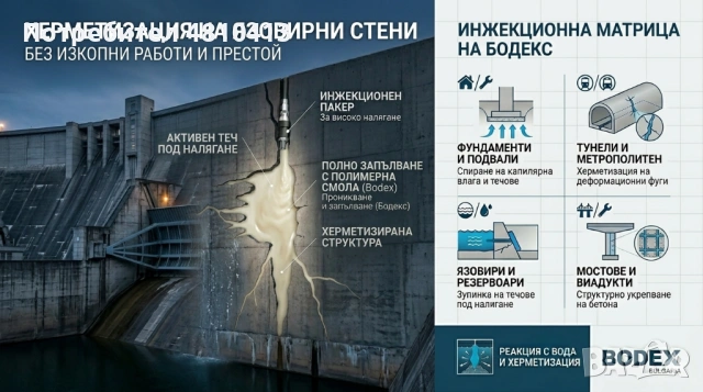 Спиране на активни течове и хидроизолация чрез инжектиране (Немска технология), снимка 2 - Ремонти на покриви - 54337562