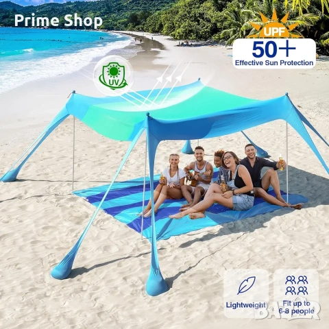 3x3м Плажна тента/ шатра за 8 човека, UPF 50+, 8 торби за пясък, Синя, Rhino Valley, снимка 4 - Палатки - 54309546