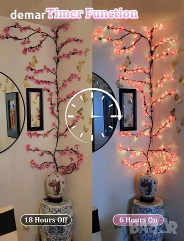 LED лампи за стена - клонки с черешов цвят, 8 режима, 144 LED, дистанционно, 2,3 м, снимка 4 - Декорация за дома - 55622120