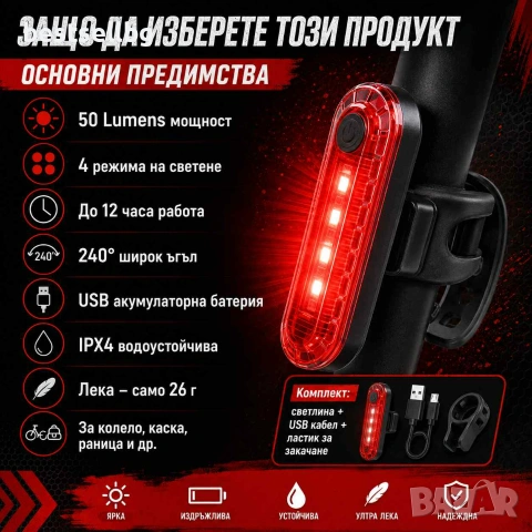 Акумулаторен стоп LED задна светлина VOLCANO 50 lm с 4 режима за колело каска велосипед, снимка 6 - Аксесоари за велосипеди - 40796822