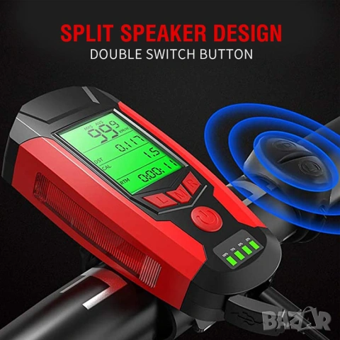 Фар за колело с километраж, фар за велосипед, презареждаем, компютър, сирена, клаксон, батерия, снимка 8 - Аксесоари за велосипеди - 54230411