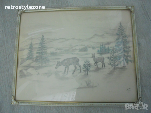 № 8581 Винтидж рисунка с метална рамка и стъкло – подписана 