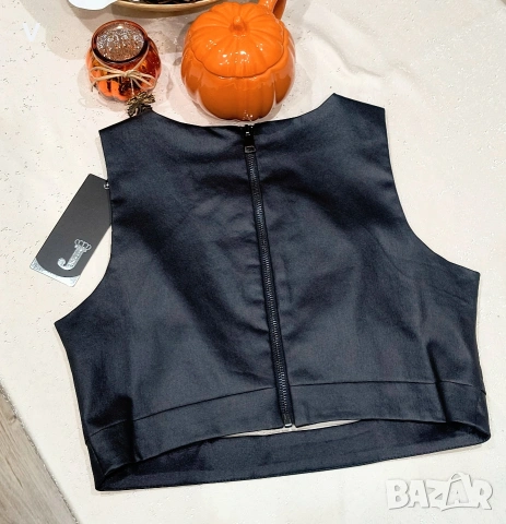 Дамско черно кожено бюстие с кафяв акцент Junona Юнона топ риза блуза боди панталон кожен клин , снимка 2 - Корсети, бюстиета, топове - 53973157