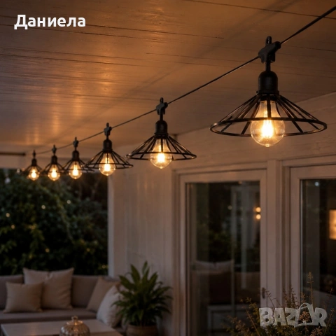 Градинска гирлянда 5.5 м с 6 декоративни LED крушки и метални абажури - Таймер, IP44, за балкон, снимка 2 - Лед осветление - 54802226