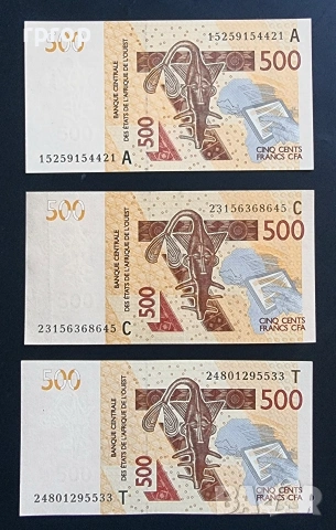 Западно Африкански Щати. 500 франка.Буква А, С и Т. 2012 година. UNC. Цена за 1 бр.