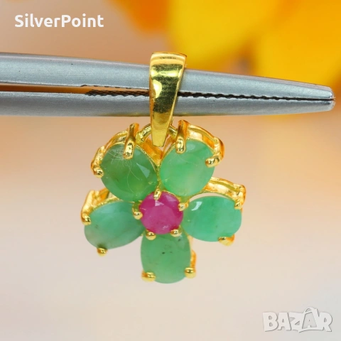 Сребърна висулка с Изумруди, Рубин и сертификат 