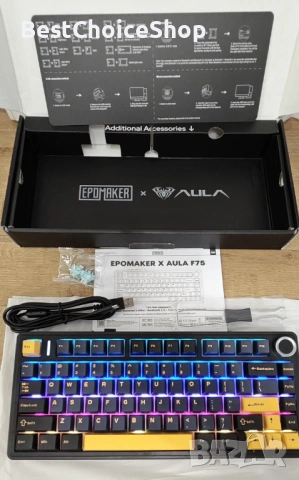 Механична гейминг клавиатура Gaming Aula F75 Black, Hotswap RGB Gasket, Wireless