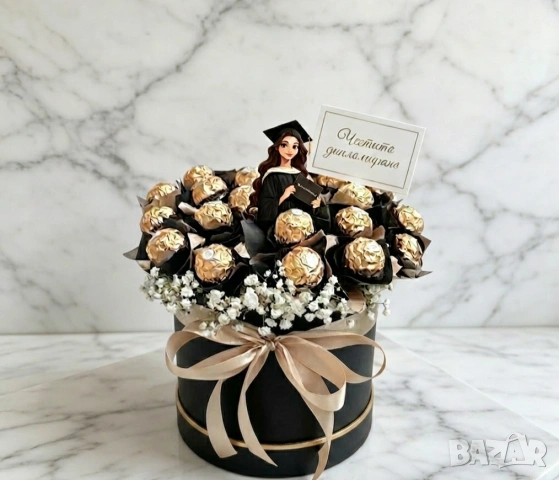 Ръчно изработени букети и кутии от бонбони 🎓 Подарък за Дипломиране и Празници, снимка 3 - Декорация - 54352640