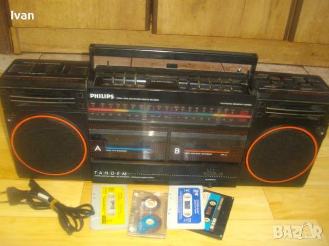 ВИНТИДЖ ОТ 1984г. PHILIPS TANDEM D 8334 BLACK DUAL DECK RADIO CASSETTE RECORDER ОТЛИЧНО СЪСТОЯНИЕ 