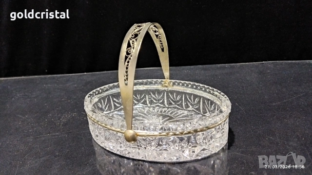 руска стъклена захарница бонбониера с дръжка филигран 