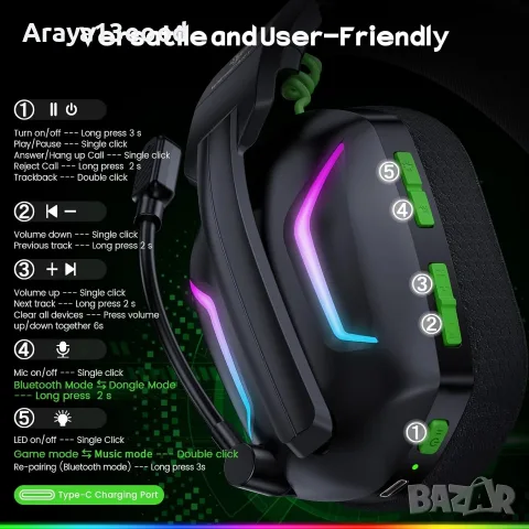 WESEARY WG1 Безжични геймърски слушалки с микрофон – 2.4GHz, Bluetooth 5.0, RGB, до 50 часа работа, снимка 6 - Слушалки и портативни колонки - 55582149