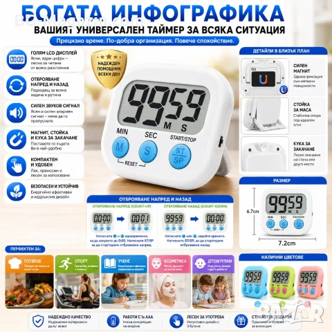 Универсален кухненски дигитален таймер електронен за готвене поливане йога спорт учене деца игра, снимка 7 - Друга електроника - 51049167