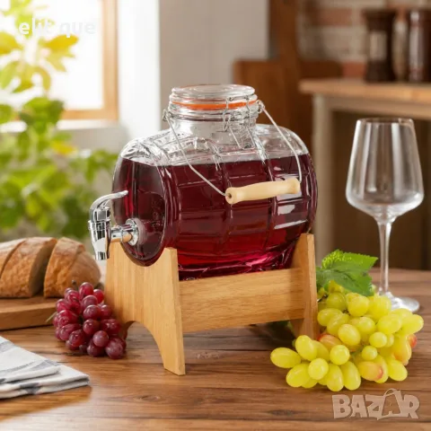Стъклен диспенсър за напитки 3L тип Бъчва с кранче и дървена стойка