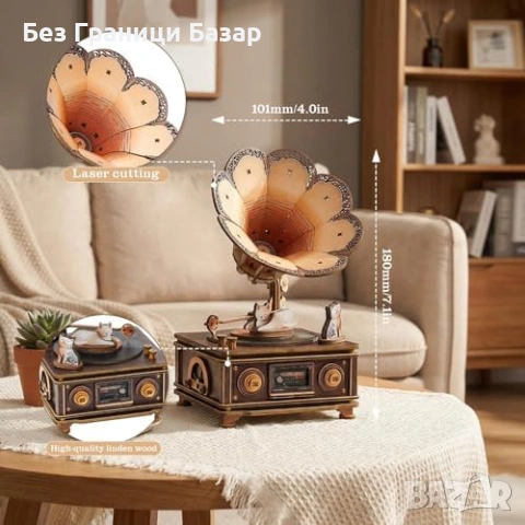 Нов Музикален 3D дървен модел грамофон с котенца DIY пъзел идеален подарък за декор, снимка 6 - Декорация за дома - 54318034