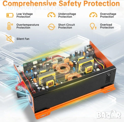 Инвертор 2000W/4000W 12V към 220/230V чиста синусоида,2 EU контакта,30W Type-C и USB порт, снимка 7 - Друга електроника - 54755004
