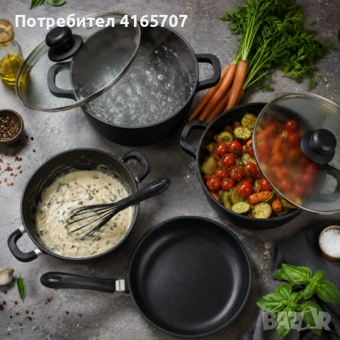 Комплект алуминиеви съдове за готвене 7 части с незалепващо покритие -  За индукционни, газови и еле, снимка 4 - Съдове за готвене - 54896989