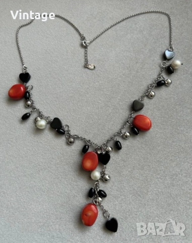 Луксозно уникално сребърно колие с естествени камъни корали, оникс и перли , снимка 4 - Колиета, медальони, синджири - 54023424