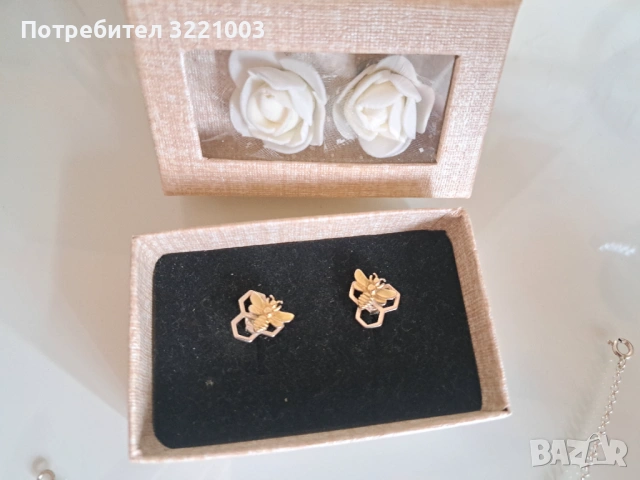 Комплект сребърна гривна и обеци пчели, снимка 3 - Гривни - 54219036