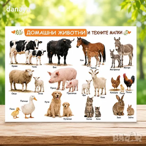 7031 Образователно табло Домашни животни и техните малки – А3, ламинирано, за детска градина и учили, снимка 3 - Ученически пособия, канцеларски материали - 55655338