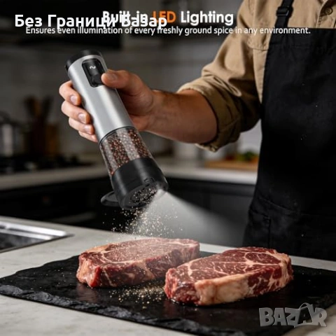 Нови автоматични мелнички за подправки LED светлина USB-C заряд за сол и пипер с база 5 степени 100 , снимка 4 - Аксесоари за кухня - 54279289