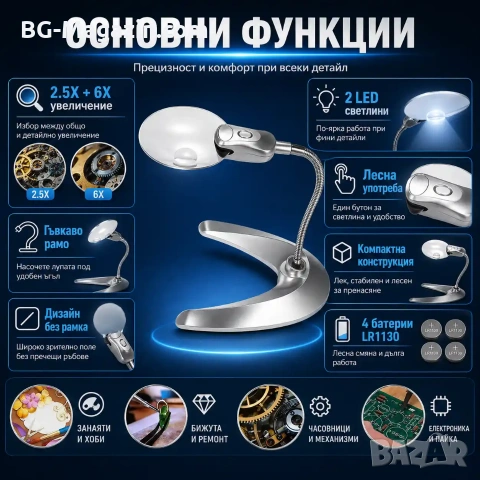 Увеличителна настолна лупа с LED осветление лед лампа регулируемо чупещо се рамо за четене гоблени, снимка 2 - Други инструменти - 50921155