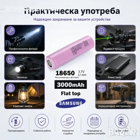 Професионална и издръжлива акумулаторна батерия Samsung 18650 3000mAh презареждаща се за фенр нова, снимка 6 - Друга електроника - 51102944
