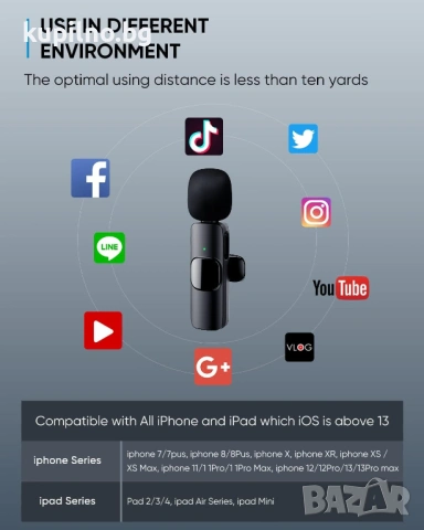 Микрофон за iOS/Android, Мини микрофон Plug & Play, Безжичен Лавалиер микрофон за YouTube/Facebook с, снимка 6 - Аксесоари за Apple - 54916118