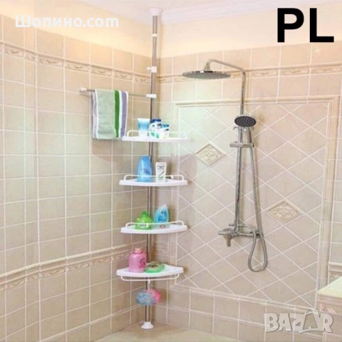 Ъглов телескопичен стабилен рафт за баня със стойка за хавлии и закачалки 