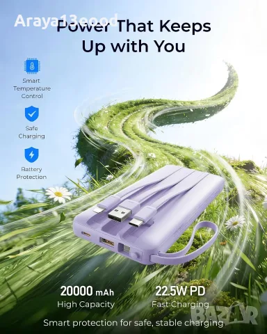 VRURC Power Bank 20 000 mAh с вградени кабели и бързо зареждане 22,5W – Лилав, снимка 5 - Външни батерии - 55615619