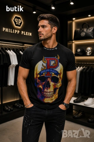 Philipp Plein черна мъжка тениска с череп – M, снимка 2 - Тениски - 54427409