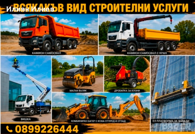Строителни машини под наем, багер,камион,вишка,валяк,дробилка на клони