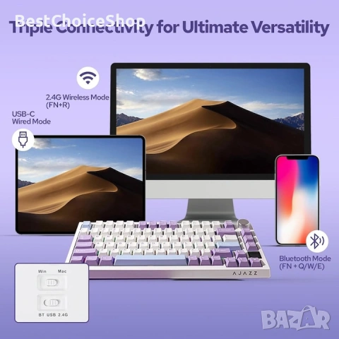 Клавиатура Ajazz Ak820Pro, Механична, 75% Tkl, безжична 2.4G/Bt5.1/Usb-C, RGB осветление, снимка 9 - Клавиатури и мишки - 55040017