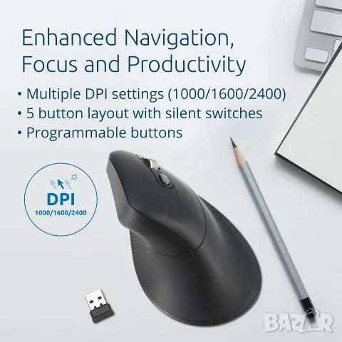 Kensington Pro Fit Ergo MY630 EQ Акумулаторна Bluetooth мишка с 2.4GHz USB-A приемник, снимка 6 - Клавиатури и мишки - 55556378