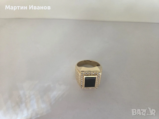 Златен мъжки пръстен с черен оникс, снимка 6 - Пръстени - 54572489