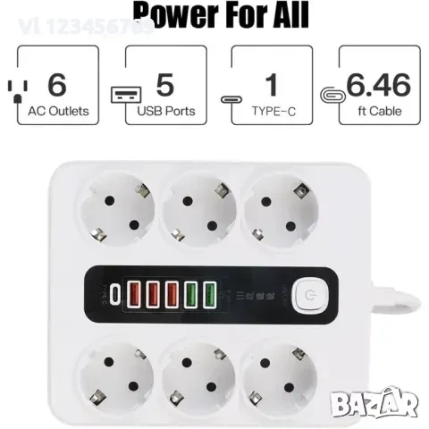 Разклонител 6 контакта, 5 USB+1 C конектор, 220V, 3000W, 10A,, снимка 2 - Други стоки за дома - 53987729