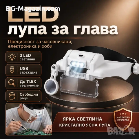 Увеличителна часовникарска лупа за глава око очила с LED осветление светлина лампа бижутери мощна