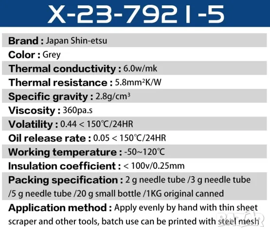 (Japan) Shin-Etsu X-23-7921-5 6.0 W/m·K термо паста процесор, ултра ниско термично съпротивление, снимка 3 - Други - 55413139